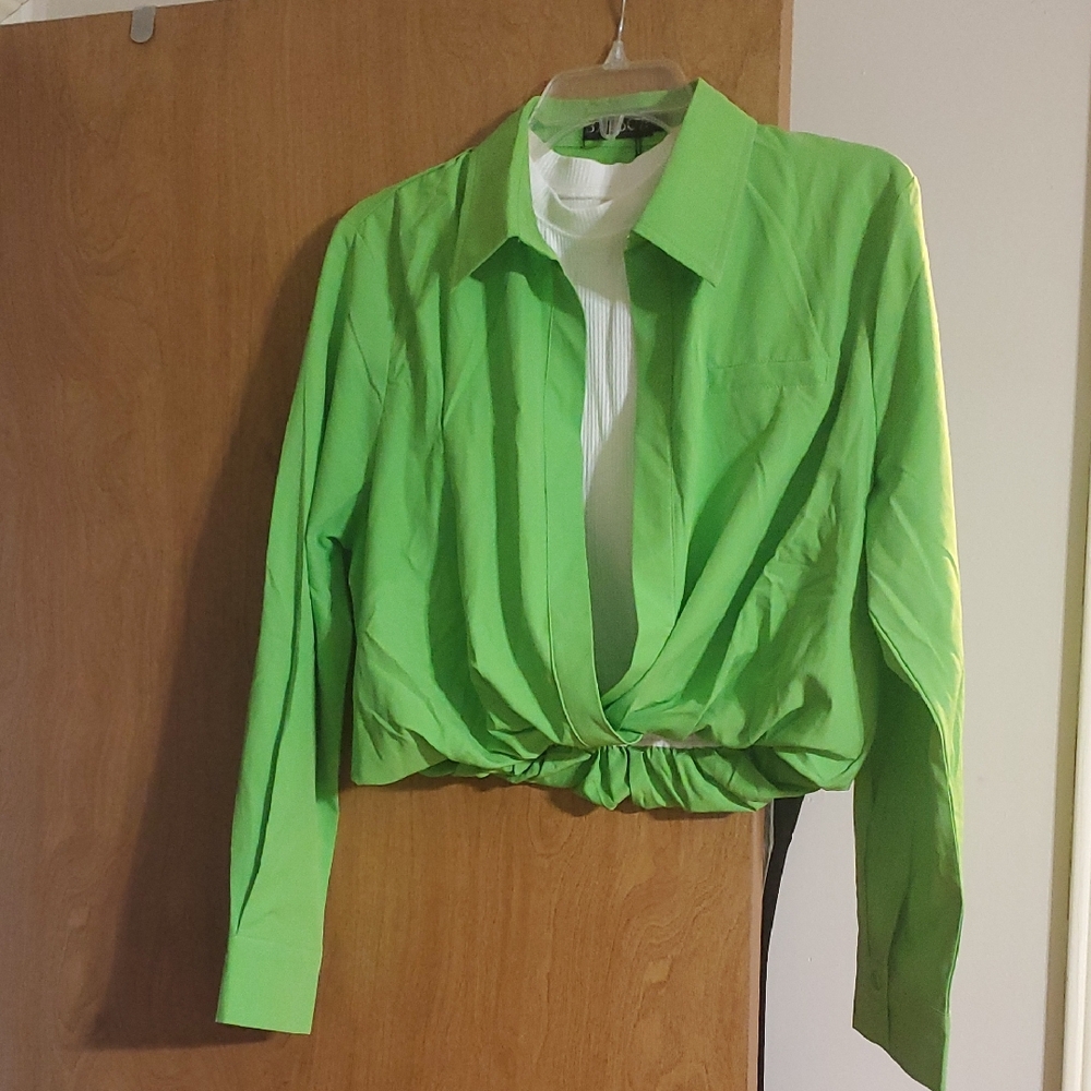 Vibrant Green And White Button Down Shirt for Women